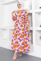 Tesettür giyim TURUNCU ÇİÇEK DESENLİ KUŞAKLI ELBİSE T 834