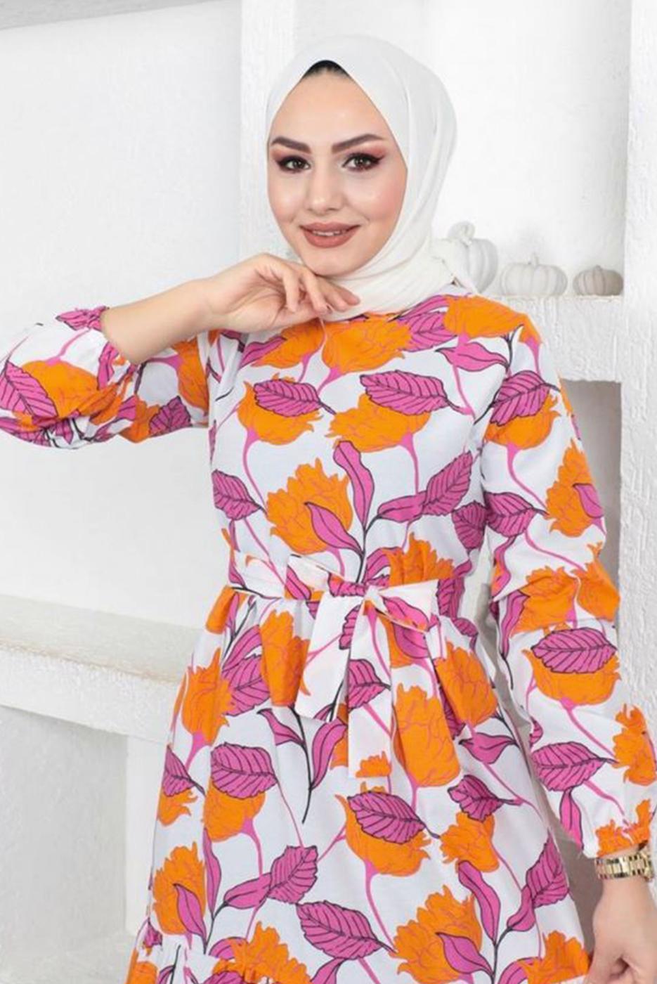 Tesettür giyim TURUNCU ÇİÇEK DESENLİ KUŞAKLI ELBİSE T 834