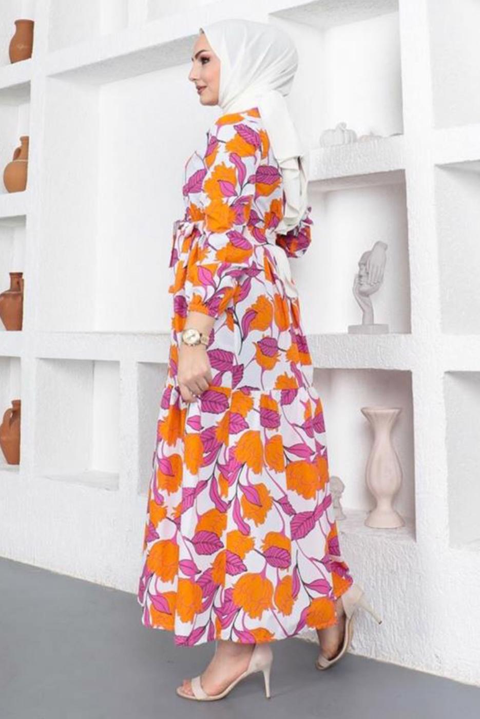 Tesettür giyim TURUNCU ÇİÇEK DESENLİ KUŞAKLI ELBİSE T 834