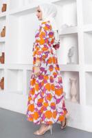 Tesettür giyim TURUNCU ÇİÇEK DESENLİ KUŞAKLI ELBİSE T 834