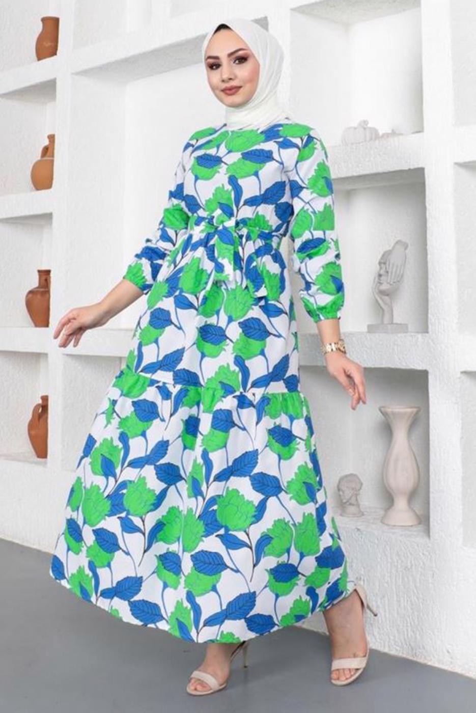 Tesettür giyim LACİVERT ÇİÇEK DESENLİ KUŞAKLI ELBİSE T 834