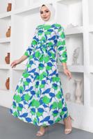 Tesettür giyim LACİVERT ÇİÇEK DESENLİ KUŞAKLI ELBİSE T 834