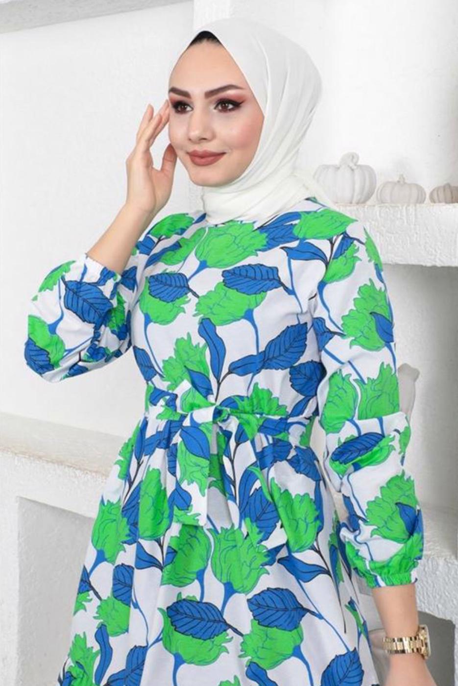 Tesettür giyim LACİVERT ÇİÇEK DESENLİ KUŞAKLI ELBİSE T 834