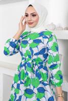 Tesettür giyim LACİVERT ÇİÇEK DESENLİ KUŞAKLI ELBİSE T 834