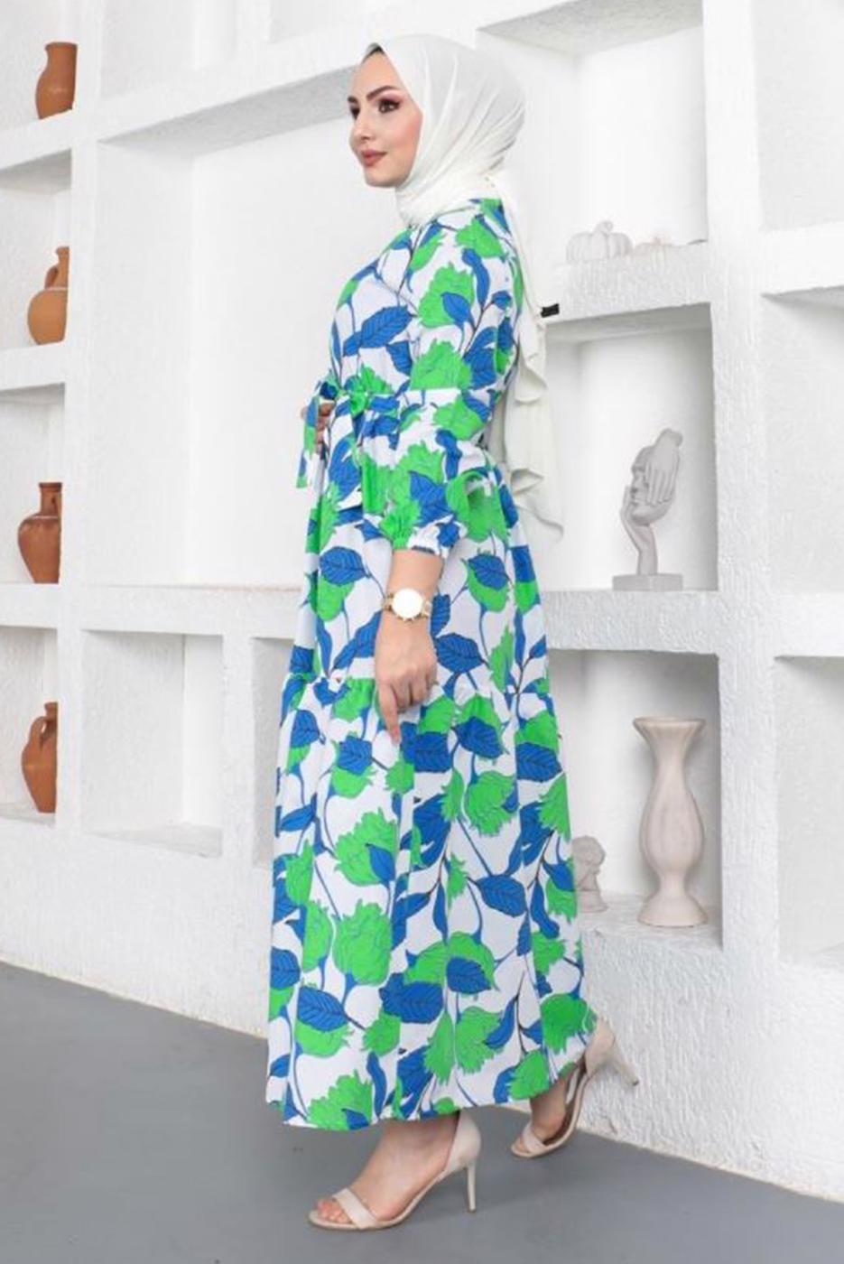 Tesettür giyim LACİVERT ÇİÇEK DESENLİ KUŞAKLI ELBİSE T 834