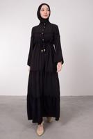 Tesettür giyim SİYAH BELİ BÜZGÜLÜ DANTEL DETAYLI ELBİSE T 8485