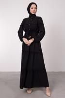 Tesettür giyim SİYAH BELİ BÜZGÜLÜ DANTEL DETAYLI ELBİSE T 8485