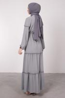 Tesettür giyim GRİ BELİ BÜZGÜLÜ DANTEL DETAYLI ELBİSE T 8485