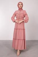 Tesettür giyim PUDRA BELİ BÜZGÜLÜ DANTEL DETAYLI ELBİSE T 8485