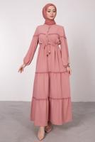 Tesettür giyim PUDRA BELİ BÜZGÜLÜ DANTEL DETAYLI ELBİSE T 8485