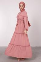 Tesettür giyim PUDRA BELİ BÜZGÜLÜ DANTEL DETAYLI ELBİSE T 8485