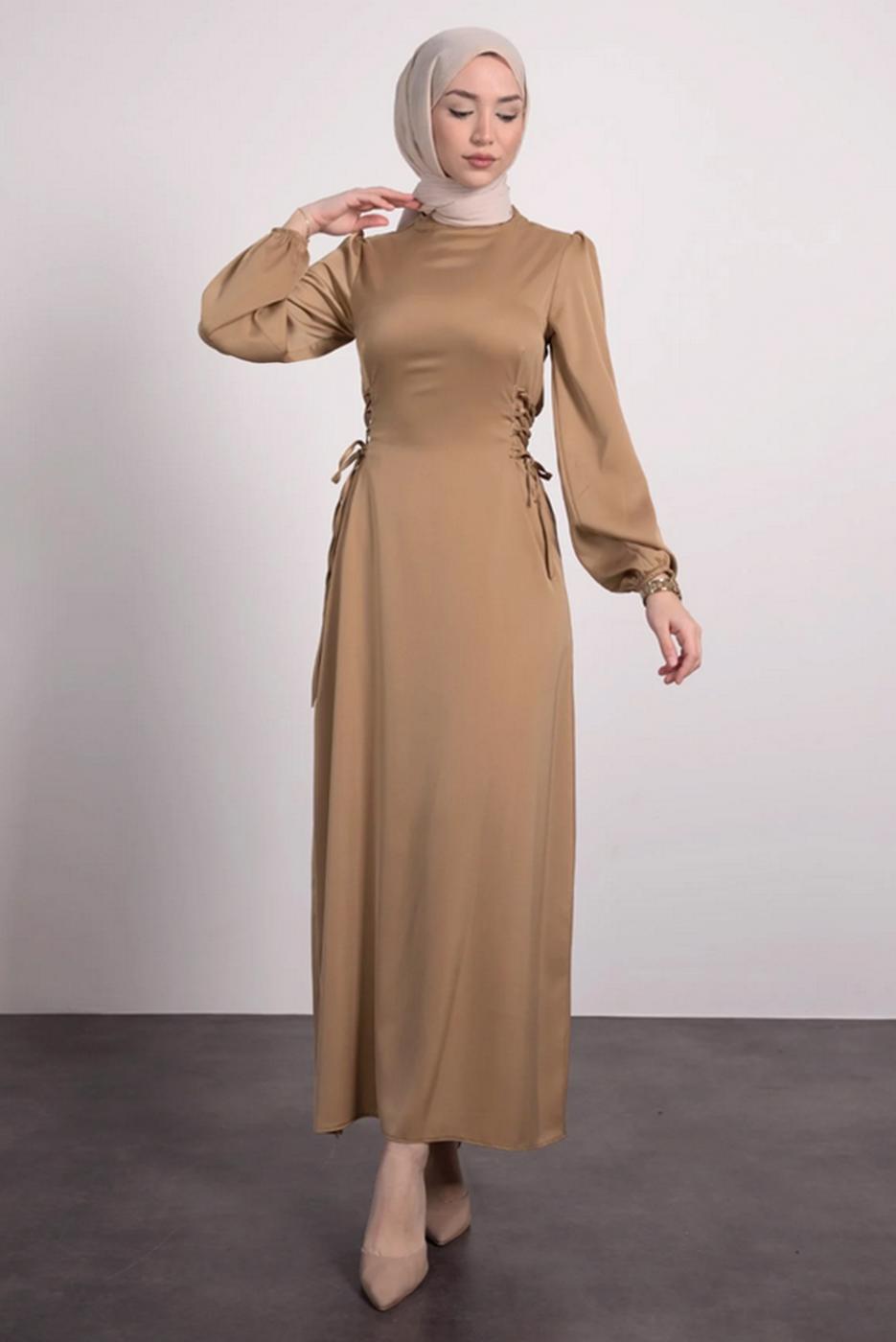 Tesettür giyim BEJ SATEN ELBİSE T 8495
