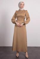 Tesettür giyim BEJ SATEN ELBİSE T 8495