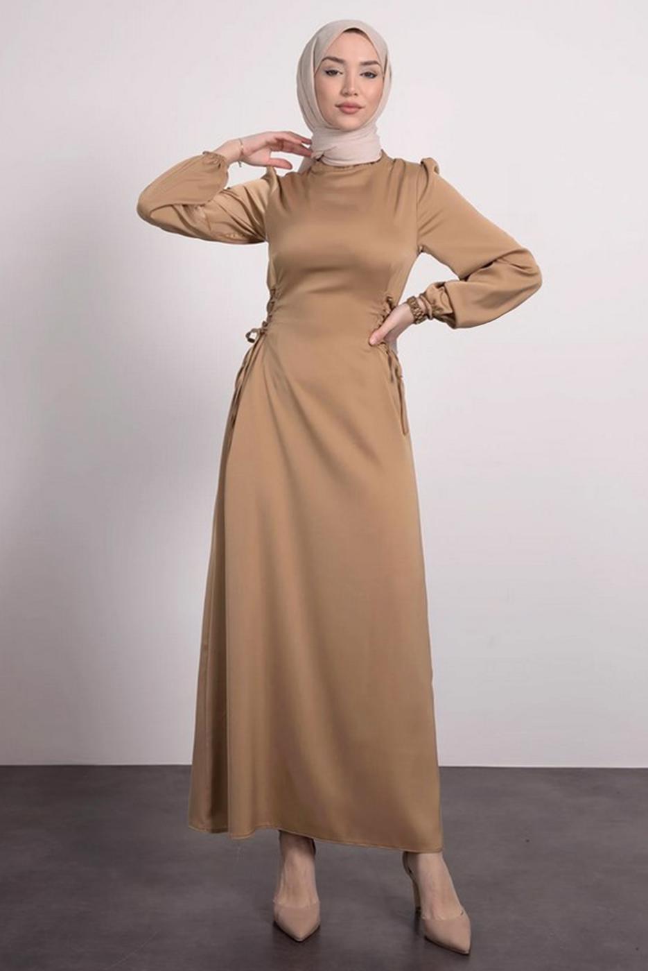 Tesettür giyim BEJ SATEN ELBİSE T 8495
