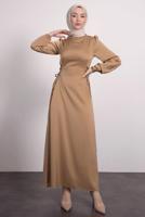 Tesettür giyim BEJ SATEN ELBİSE T 8495