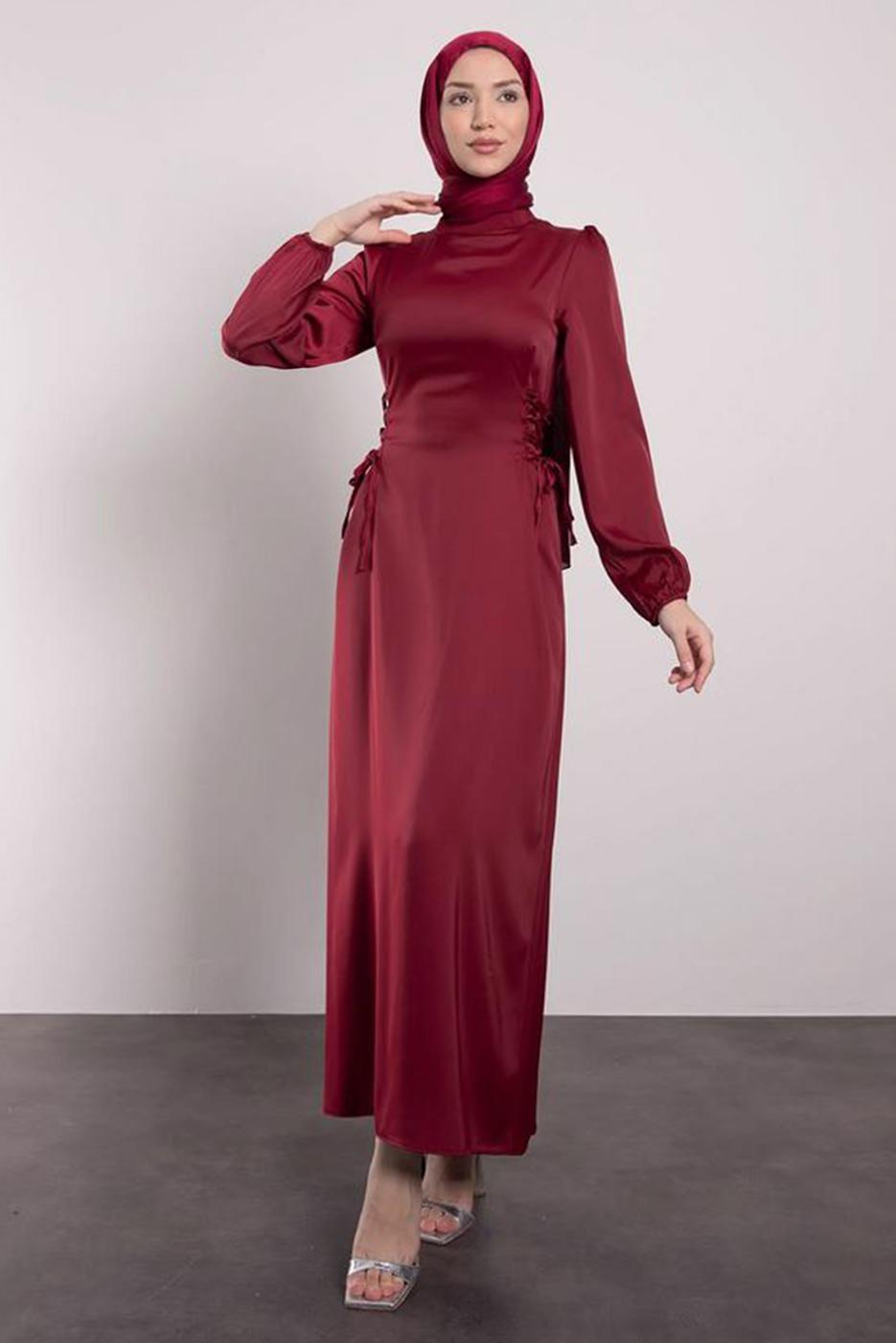 Tesettür giyim BORDO SATEN ELBİSE T 8495