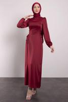 Tesettür giyim BORDO SATEN ELBİSE T 8495