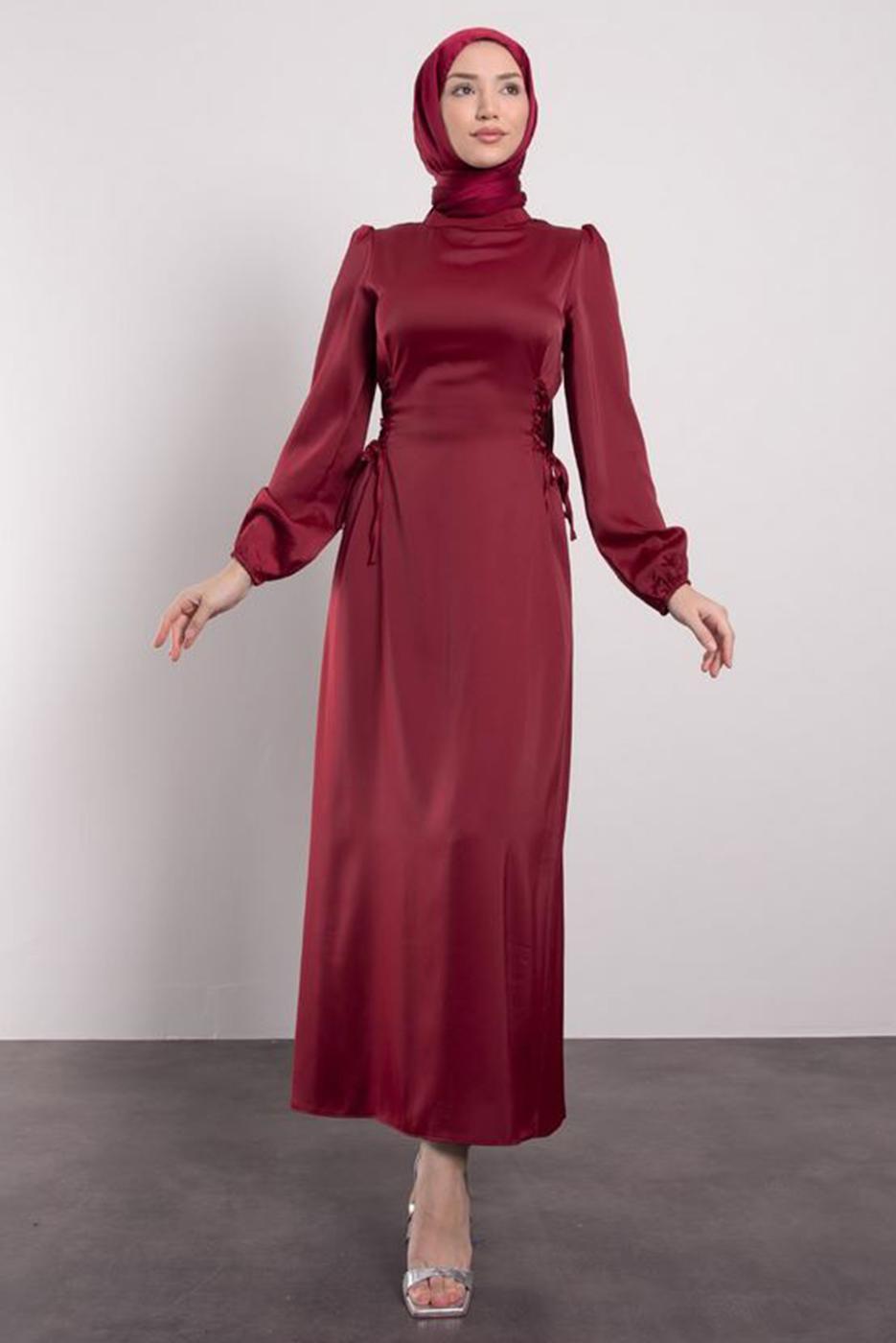 Tesettür giyim BORDO SATEN ELBİSE T 8495