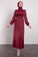 Tesettür giyim BORDO SATEN ELBİSE T 8495