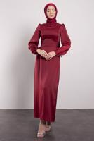 Tesettür giyim BORDO SATEN ELBİSE T 8495