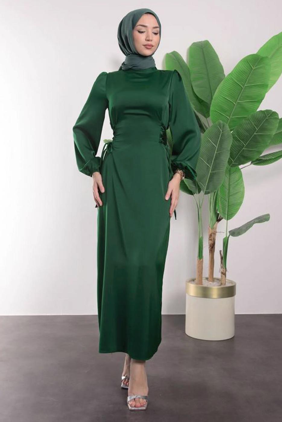 Tesettür giyim YEŞİL SATEN ELBİSE T 8495