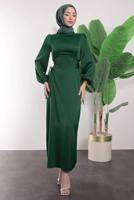 Tesettür giyim YEŞİL SATEN ELBİSE T 8495