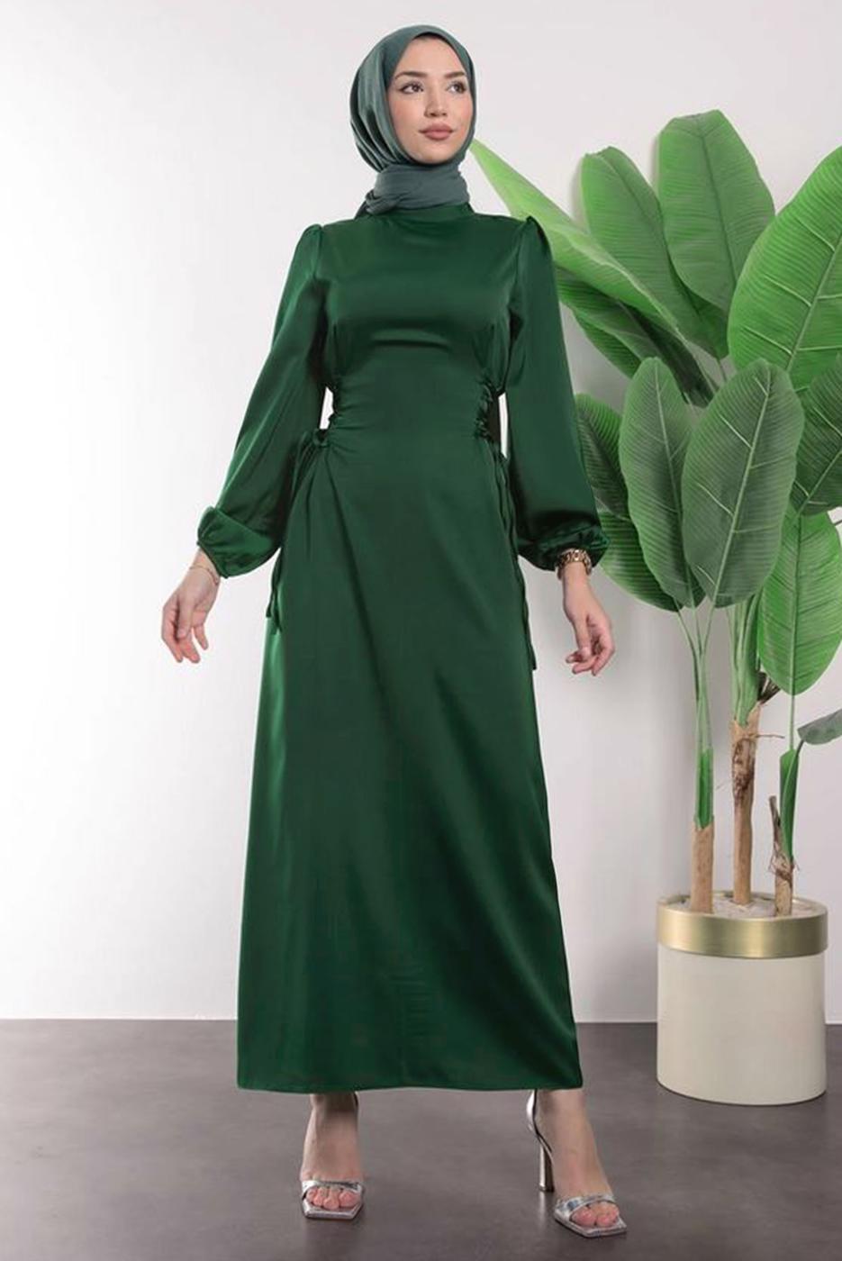 Tesettür giyim YEŞİL SATEN ELBİSE T 8495