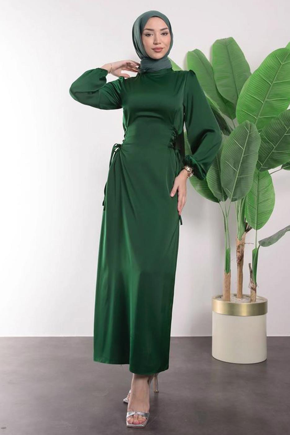 Tesettür giyim YEŞİL SATEN ELBİSE T 8495