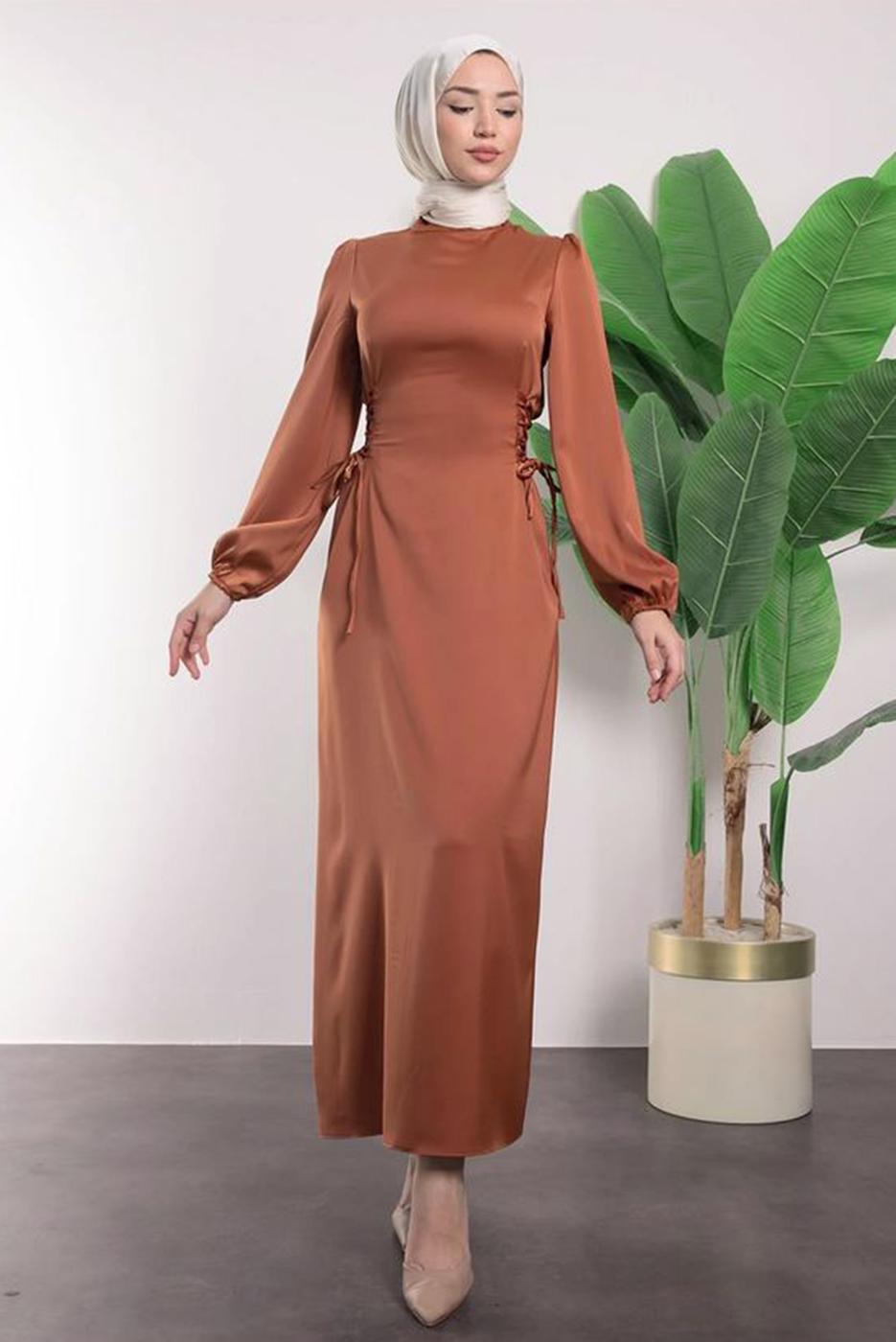 Hijab clothing BROWN SATIN DRESS T 8495