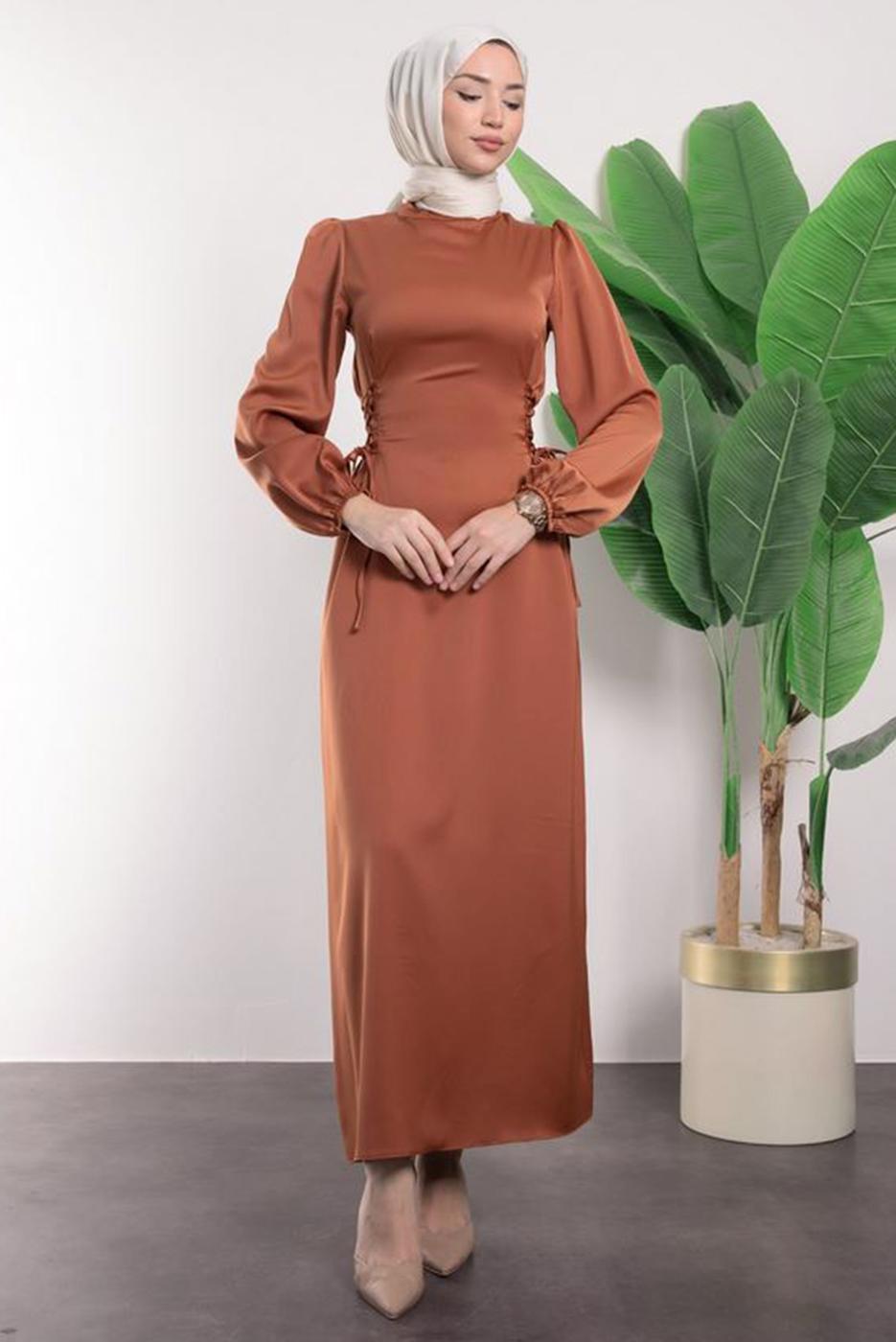 Hijab clothing BROWN SATIN DRESS T 8495