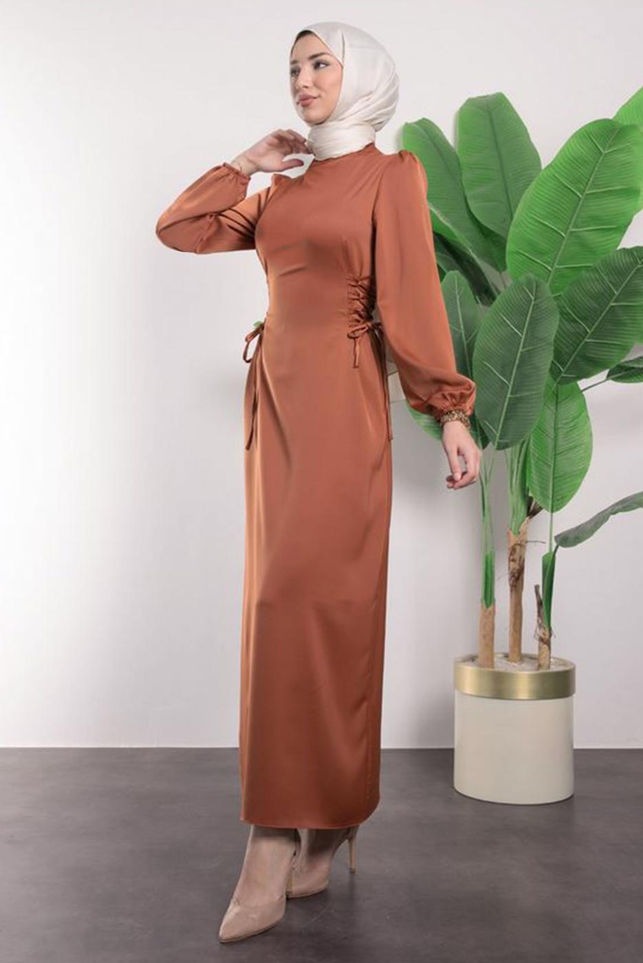 Hijab clothing BROWN SATIN DRESS T 8495