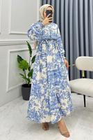 Tesettür giyim MAVİ MANŞETLERİ LASTİKLİ KUŞAKLI DESENLİ ELBİSE T 8885