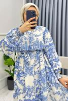 Tesettür giyim MAVİ MANŞETLERİ LASTİKLİ KUŞAKLI DESENLİ ELBİSE T 8885