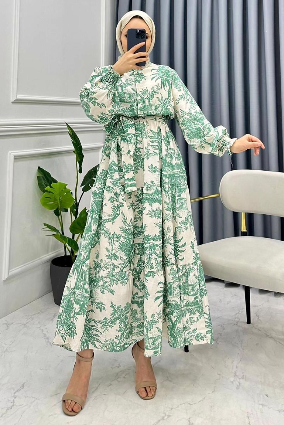 Tesettür giyim YEŞİL MANŞETLERİ LASTİKLİ KUŞAKLI DESENLİ ELBİSE T 8885