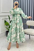 Tesettür giyim YEŞİL MANŞETLERİ LASTİKLİ KUŞAKLI DESENLİ ELBİSE T 8885