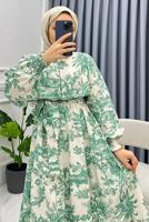 Tesettür giyim YEŞİL MANŞETLERİ LASTİKLİ KUŞAKLI DESENLİ ELBİSE T 8885