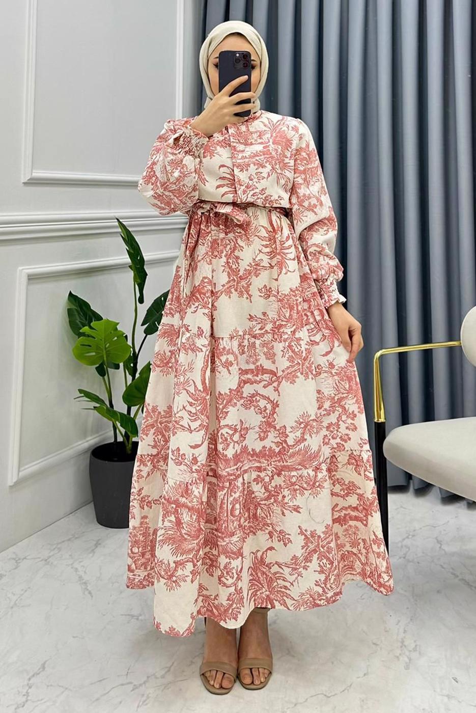 Tesettür giyim PEMBE MANŞETLERİ LASTİKLİ KUŞAKLI DESENLİ ELBİSE T 8885