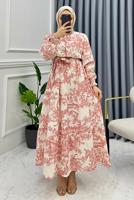 Tesettür giyim PEMBE MANŞETLERİ LASTİKLİ KUŞAKLI DESENLİ ELBİSE T 8885