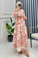 Tesettür giyim PEMBE MANŞETLERİ LASTİKLİ KUŞAKLI DESENLİ ELBİSE T 8885