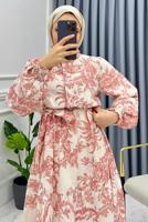 Tesettür giyim PEMBE MANŞETLERİ LASTİKLİ KUŞAKLI DESENLİ ELBİSE T 8885