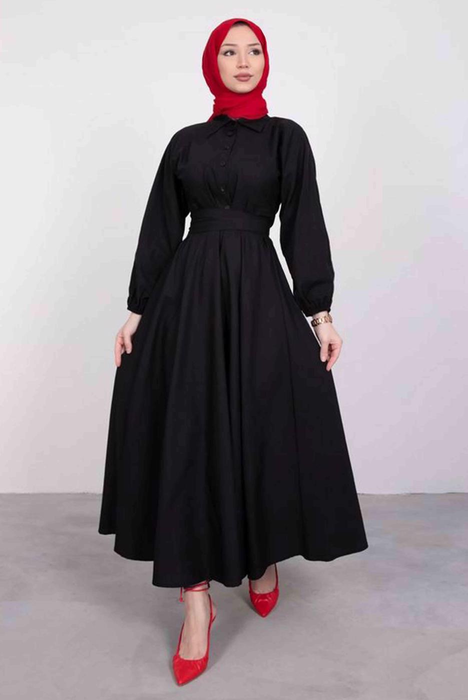 Tesettür giyim SİYAH GÖMLEK YAKA KUŞAKLI ELBİSE T 9005
