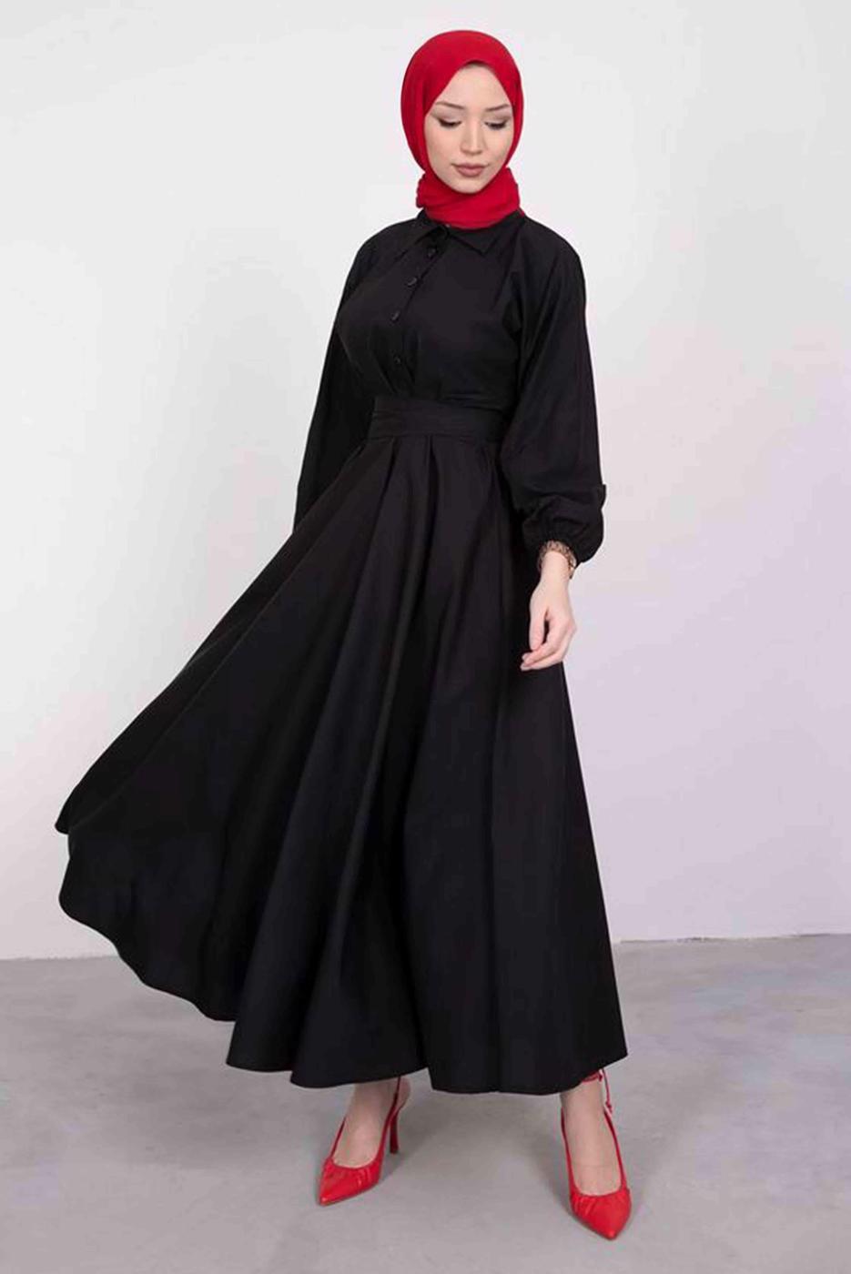 Tesettür giyim SİYAH GÖMLEK YAKA KUŞAKLI ELBİSE T 9005