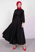 Tesettür giyim SİYAH GÖMLEK YAKA KUŞAKLI ELBİSE T 9005