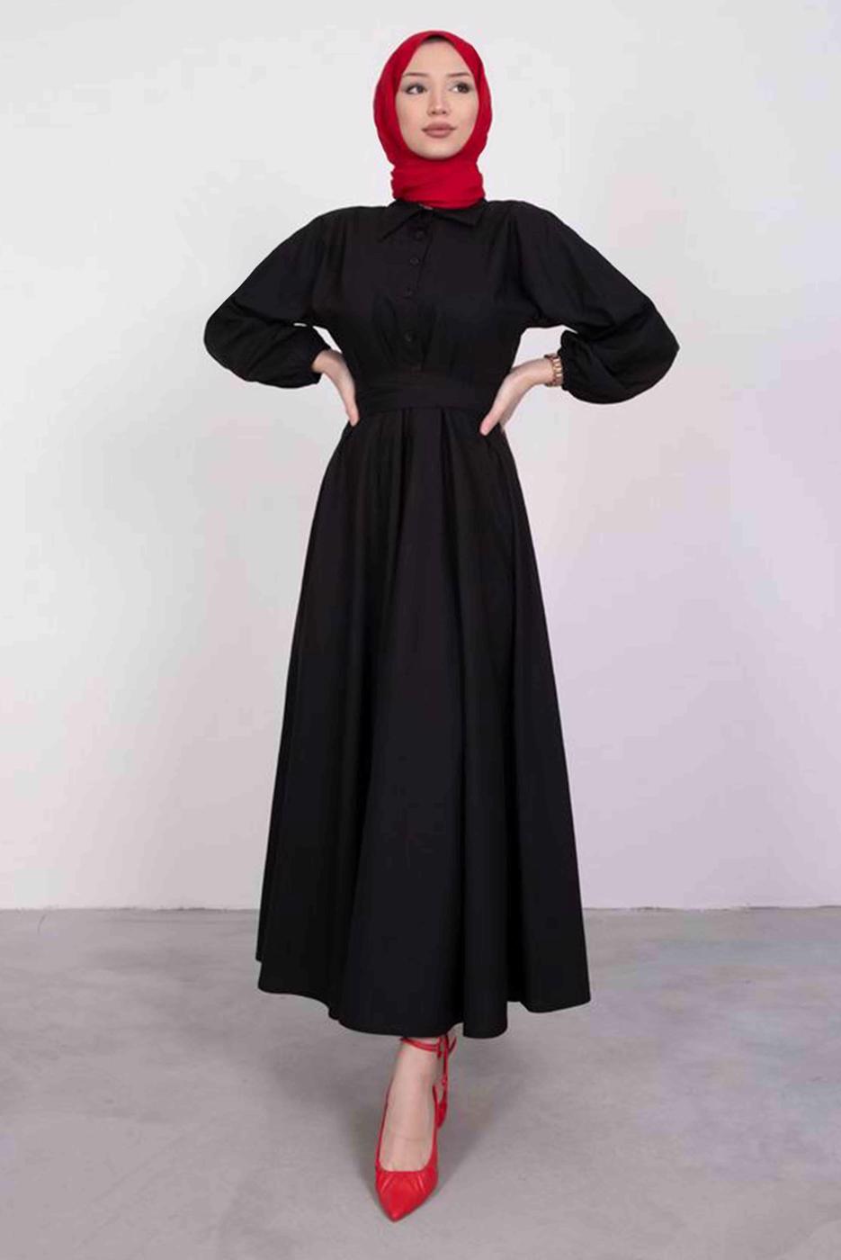Tesettür giyim SİYAH GÖMLEK YAKA KUŞAKLI ELBİSE T 9005