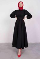 Tesettür giyim SİYAH GÖMLEK YAKA KUŞAKLI ELBİSE T 9005