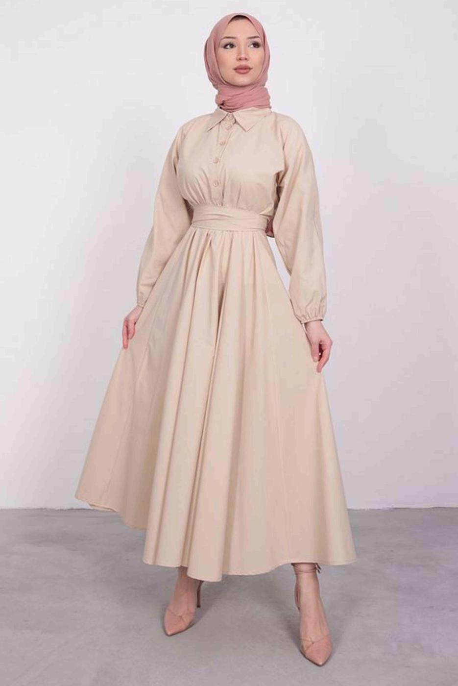 Tesettür giyim BEJ GÖMLEK YAKA KUŞAKLI ELBİSE T 9005