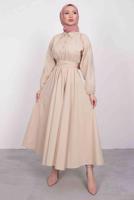 Tesettür giyim BEJ GÖMLEK YAKA KUŞAKLI ELBİSE T 9005