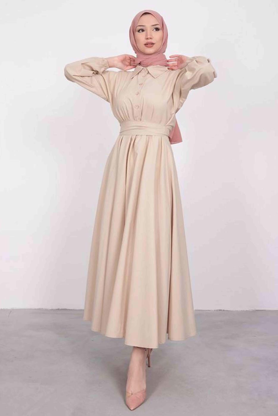 Tesettür giyim BEJ GÖMLEK YAKA KUŞAKLI ELBİSE T 9005