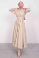 Tesettür giyim BEJ GÖMLEK YAKA KUŞAKLI ELBİSE T 9005