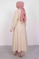 Tesettür giyim BEJ GÖMLEK YAKA KUŞAKLI ELBİSE T 9005